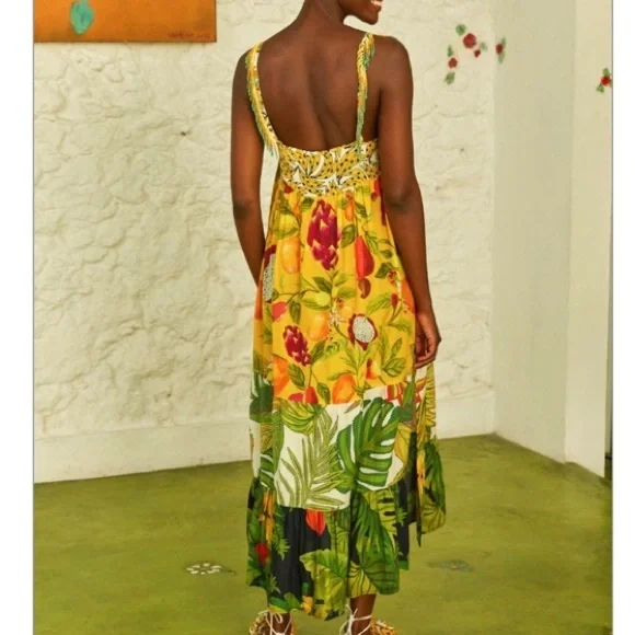 FARM Rio Mixed Prints Patch Maxi Dress Beaded Straps Tropical Fruit Size XL - Picture 3 of 16